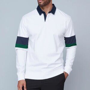 HEDGE White Knit Polo with Navy Contrast